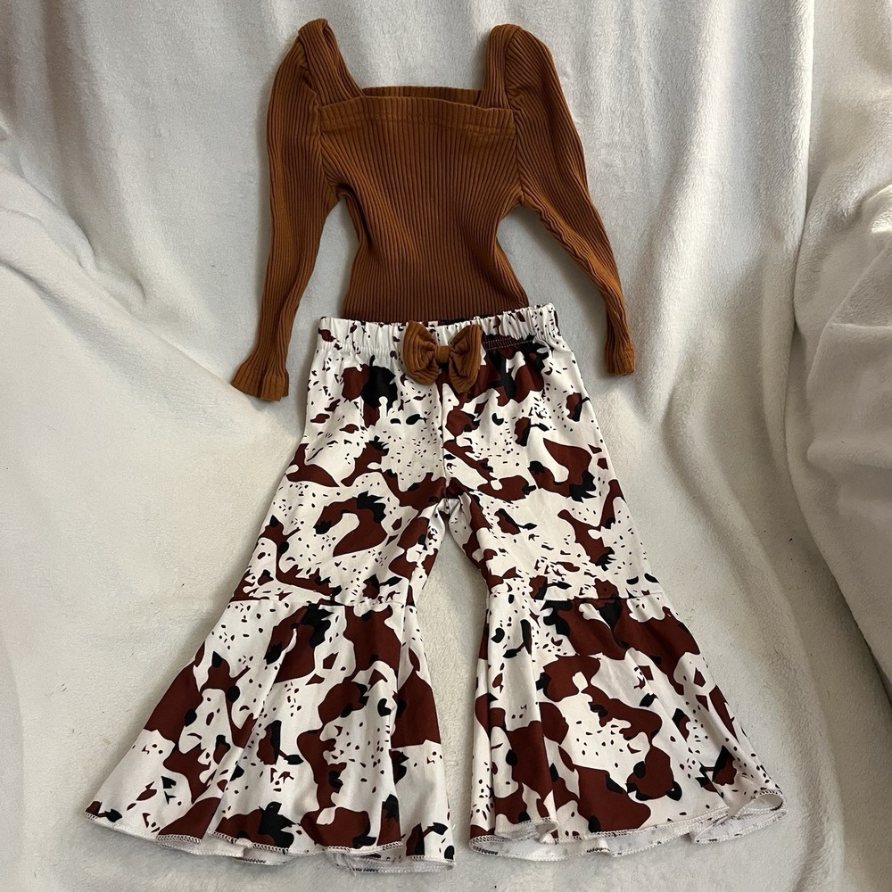 Infant Girls Size 80 (12-18 Mo)‎ Cow Print Pants With Matching Brown Top